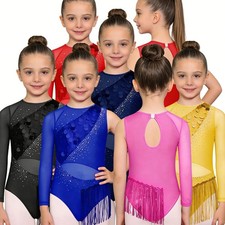 Girls Leotard Mesh Patchwork Bodysuit Keyhole Back Jumpsuit Gymnastics Costume