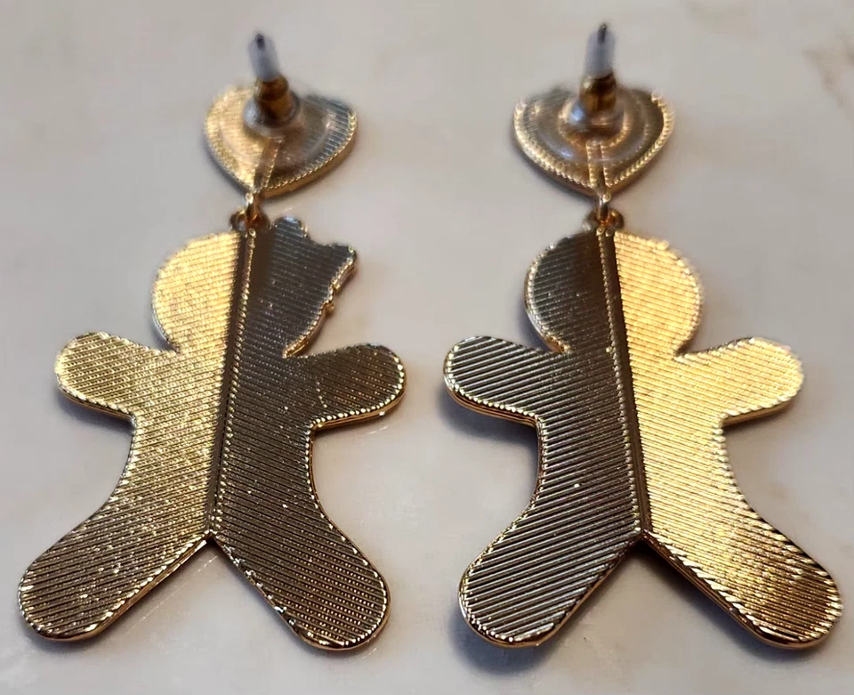 NUEVO Pendientes colgantes bastón caramelo hombre y corazón pan jengibre marrón brillo tono dorado Foto 3 de 3