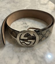 Gucci GG Supreme Canvas Belt Beige Blue Interlocking G Buckle Men Size 40 100cm