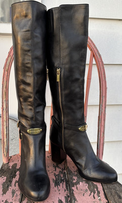 Michael Kors Arley Boots Sz 9 Tall Black Leather Knee High Block Heel