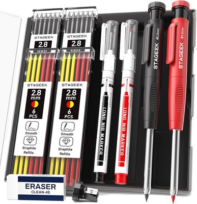 2PCS Carpenter Pencils with Sharpener, Heavy Duty Woodworking Red+Black 