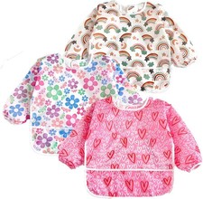 3 Pack Waterproof Baby Long Sleeve Bibs for Girls, Lightweight Toddler Art Smock