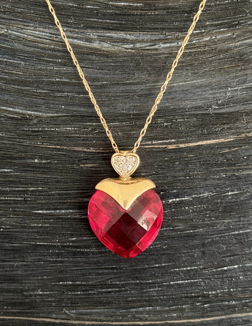 10K Solid Yellow Gold Diamond Ruby Heart Pendant … - image 1