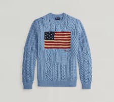 Polo Ralph Lauren Aran Knit Knitted Flag USA Cotton Sweater Blue NWT Men s XL