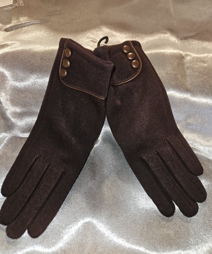 Women's Brown Wrist Gloves with Button Accents, Solid Pattern - Picture 1 of 3