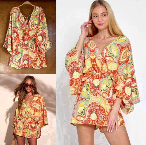 Kimono Sleeve Romper S M? Colorfull 60s Paisley Boho Colorful Print Summer Beach