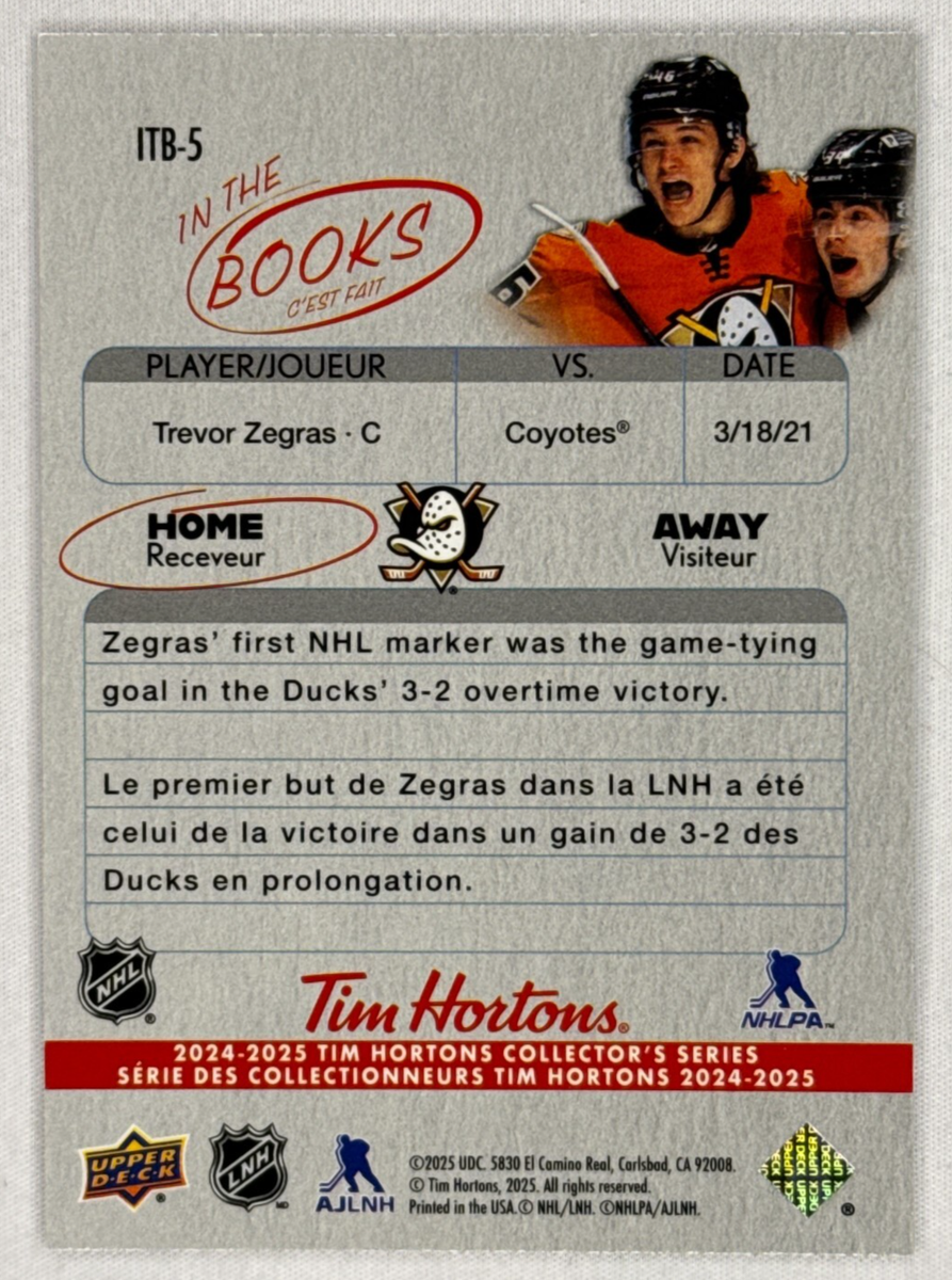 2024-25 UD Tim Hortons Trevor Zegras In The Books #ITB-5 Anaheim