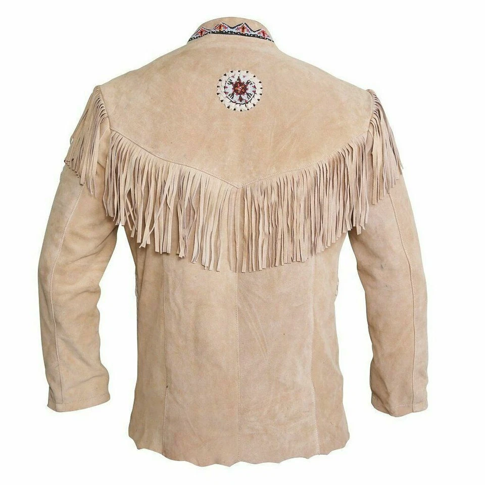 Men's Western Wear Cowboy Native Style Suede Leather Jacket with Fringes & Beads - Image 3 of 4
