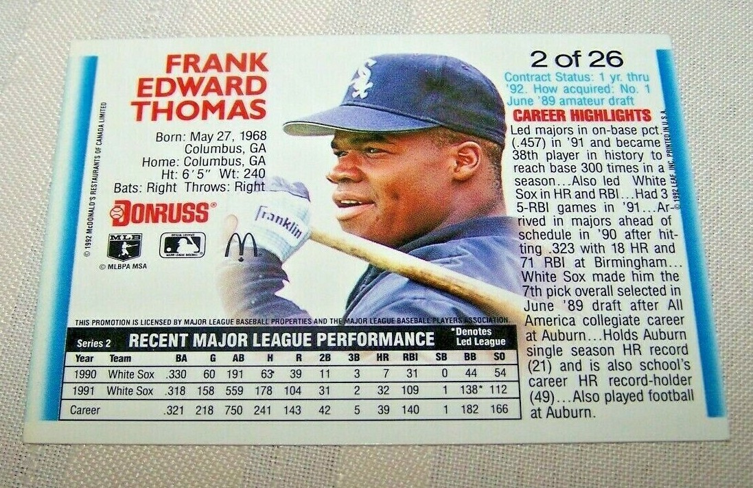 FRANK THOMAS 1992 Donruss McDonald's Canada MVP Baseball Card #2