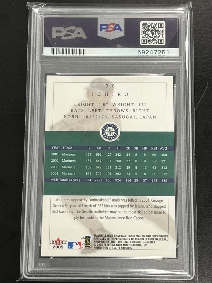 2005 FLAIR #38 ICHIRO MARINERS PSA 10 GEM MT LOW POP 3 - Image 2 of 3