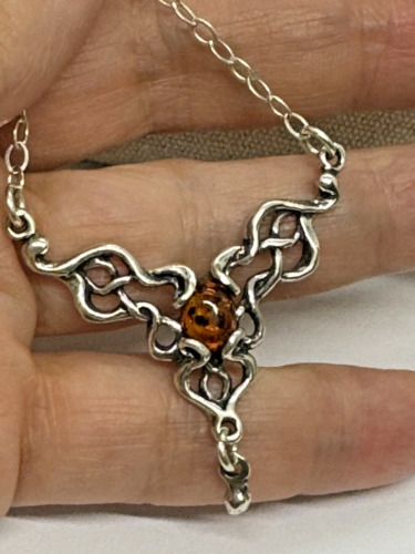 Sterling Silver Celtic Amber Necklace 21.5"