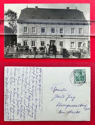 Photo postcard Langeberg near Riesa Glaubitz 1912 residential building with residents (115214