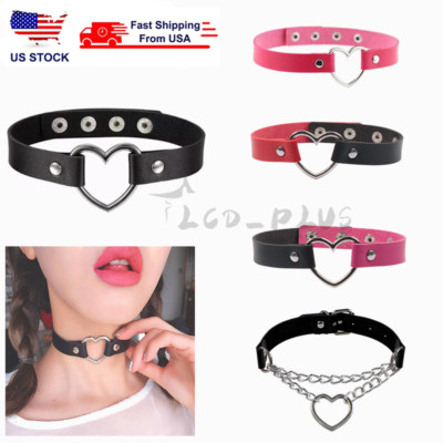 PU Leather Choker Necklace Love Heart Chain Collar Adjustable Rivet Jewelry US