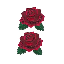 Red Rose with Leaves Floral (2-Pack) Iron On Patch with Sparkling Thread