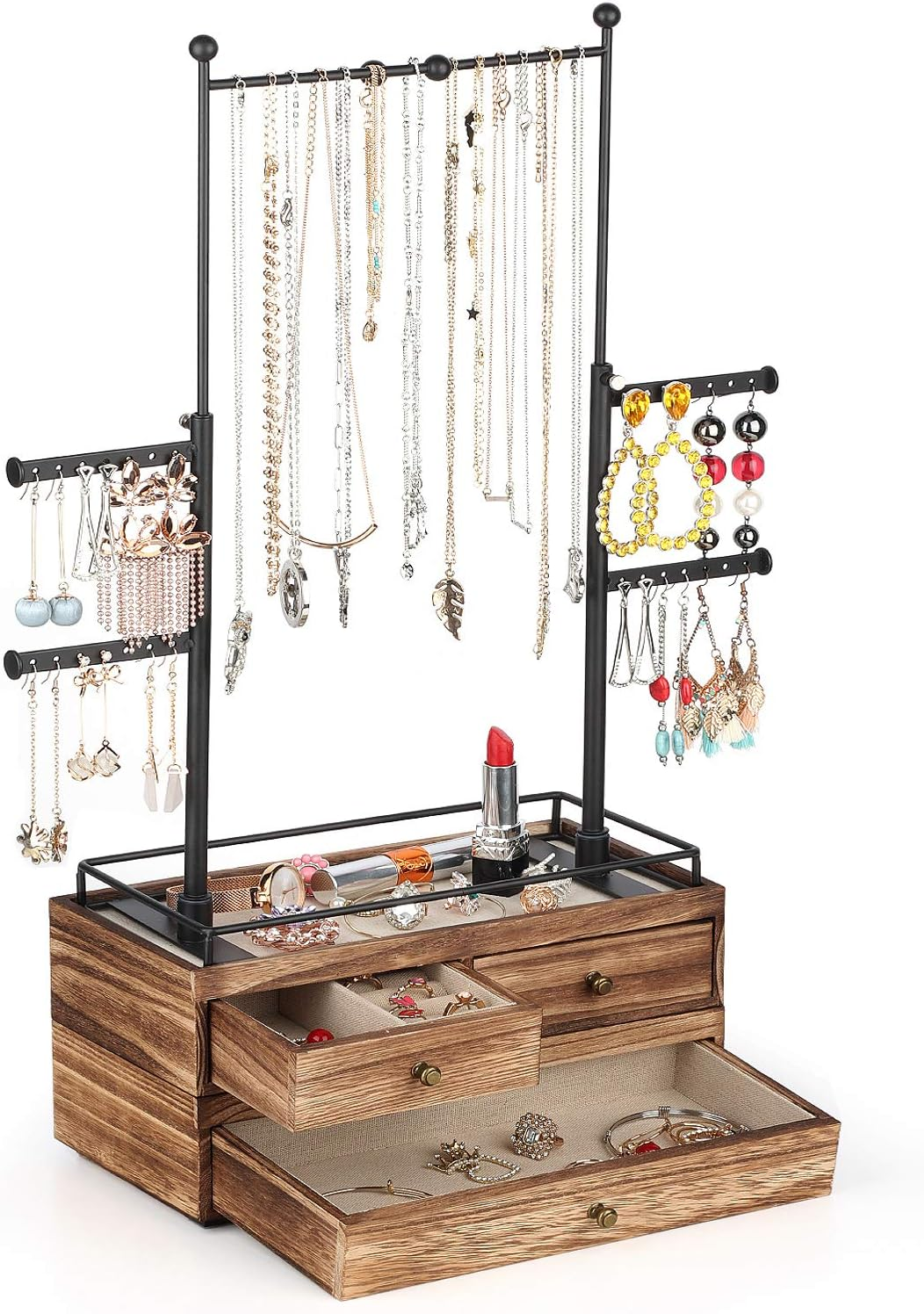 2-Layer Wooden Jewelry Organizer with 6-Tier Tree Stand & Drawer Storage  -image