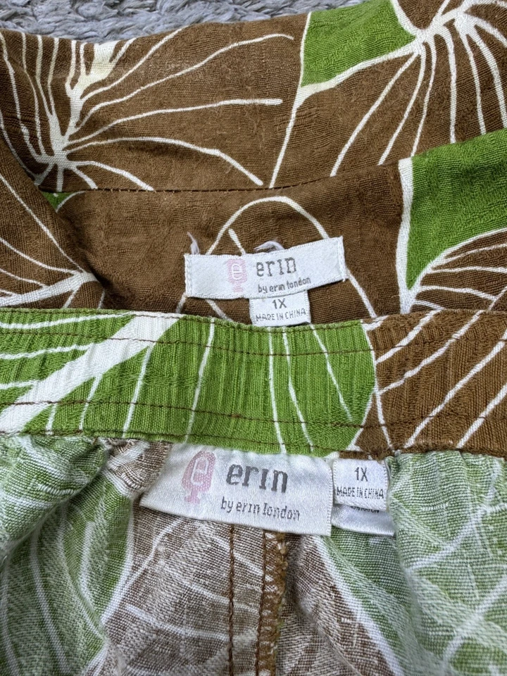 Traje Erin London Mujer 1X Marrón Verde Floral Lino Chaqueta Pantalones Capri Conjunto de 2 piezas Foto 2 de 4