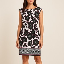 Eliza J Womens 12 Black White Floral Border Print Sheath Dress Lined Cap Sleeve