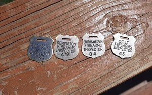 4 BRASS FIREARMS GUN TAGS FOBS COLT REMINGTON SMITH WESSON WINCHESTER WESTERN