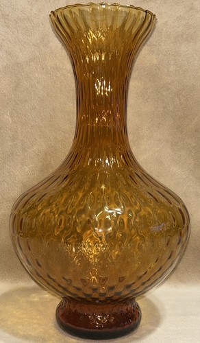 VTG MCM Amber Hand Blown Large 13.5” Empoli Glass Vase Made In Italy Block Optic - Picture 3 of 13