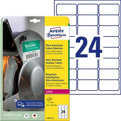 AVERY Zweckform resistente Folienetiketten L7912-10 weiß 63,5 x 33,9 mm, 10...
