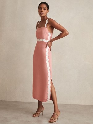 Reiss Asher Midikleid aus Krepp mit Wellenbesatz Pink UK-Größe 10