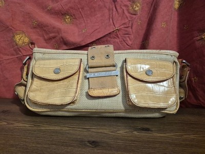 DAVID JONES Baguette Tasche Canvas Stroh und Kroko-Effekt beige - Y2K Vintage Style