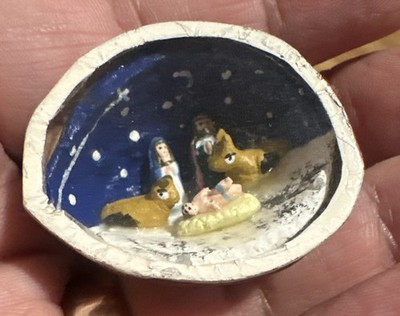 Miniature Nativity Scene Inside Half Walnut Shell Christmas Glass Cover
