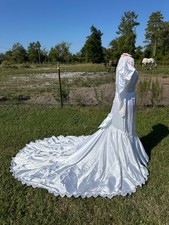 VINTAGE 1980s Alfred Angelo White Satin Long Sleeve Wedding Dress w/ Train - 10
