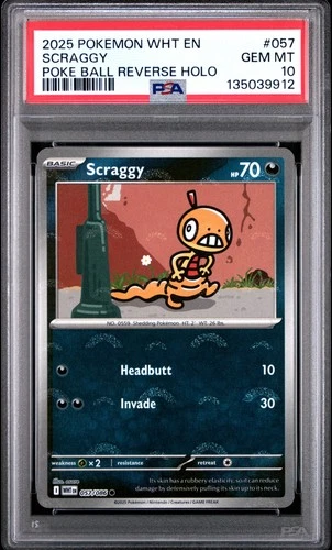 2025 POKEMON WHT EN-WHITE FLARE POKE BALL REVERSE HOLO #057 SCRAGGY PSA 10