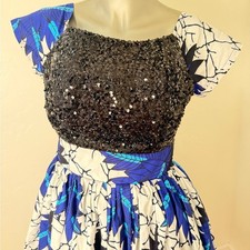 Custom Sequin Black Bodice and Blue Leaf Knee Length Print Dress