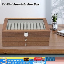 34Slots Pen Display Case Walnut Wood Color Organizer Storage Collector Box Gift
