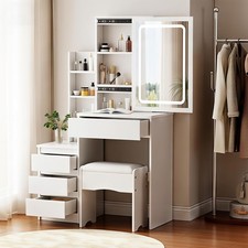 Modern White Dressing Table with LED Mirror, 4 Drawers & 3 Shelves