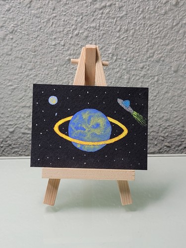 ACEO Original Watercolor Painting Planet & Alien Spaceship ATC KatieBearDesigns