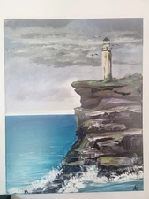 ORIGINAL ACRYLIC PAINTING LIGHTHOUSE NAUTICAL OCEAN ROCKS 20X16