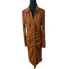 H&M Rust Camel Ruched Button Front Long Sleeve Ruched Dress