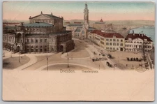 c1910 Postcard Dresden Germany Opera House Aerial City Street Horse Trolley UNP