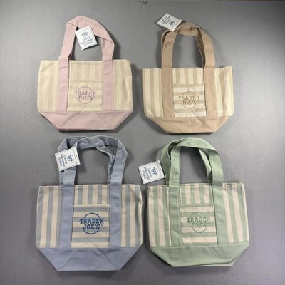 Trader Joe's Striped Mini Canvas Tote Bag Lot of 4 NWT Pink Blue Green Tan
