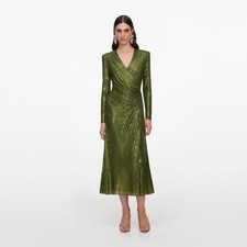 self portrait OLIVE RHINESTONE MESH WRAP MIDI DRESS $ 895 Size US 6 UK 10