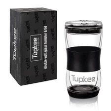 Tupkee Double Wall Glass Tumbler - 20-Ounce, All Glass Coffee Travel Mug & Lid