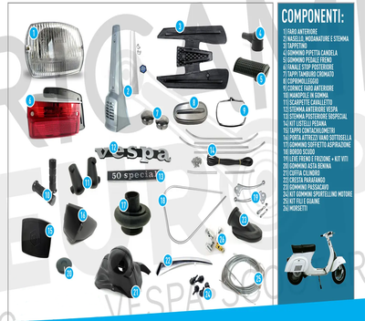 KIT RESTAURO RICAMBI ACCESSORI VESPA 50 SPECIAL NUOVO completo NEW