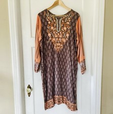 Soft Cotton Women  s L Kurta Gray Orange Embroidered Floral Mixed Print Ethnic