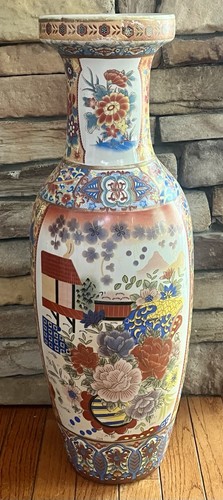 Vintage Hand-Painted Chinese Porcelain 23.5” Floor Vase, Floral Landscape Design