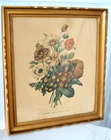 VINTAGE FLORAL BOUQUET BOTANICALS ART PRINT FRAMED GOLD WOOD PURPLE GREEN 18x16"