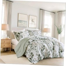 Lightweight Seersucker Botanical Comforter Set Queen Size, 3 Full/Queen Green