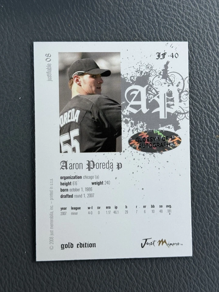 RARE! 2008 Just Minors Gold Glossy Edition 1/1 Aaron Poreda #JF-40 AUTO - Image 2 of 2