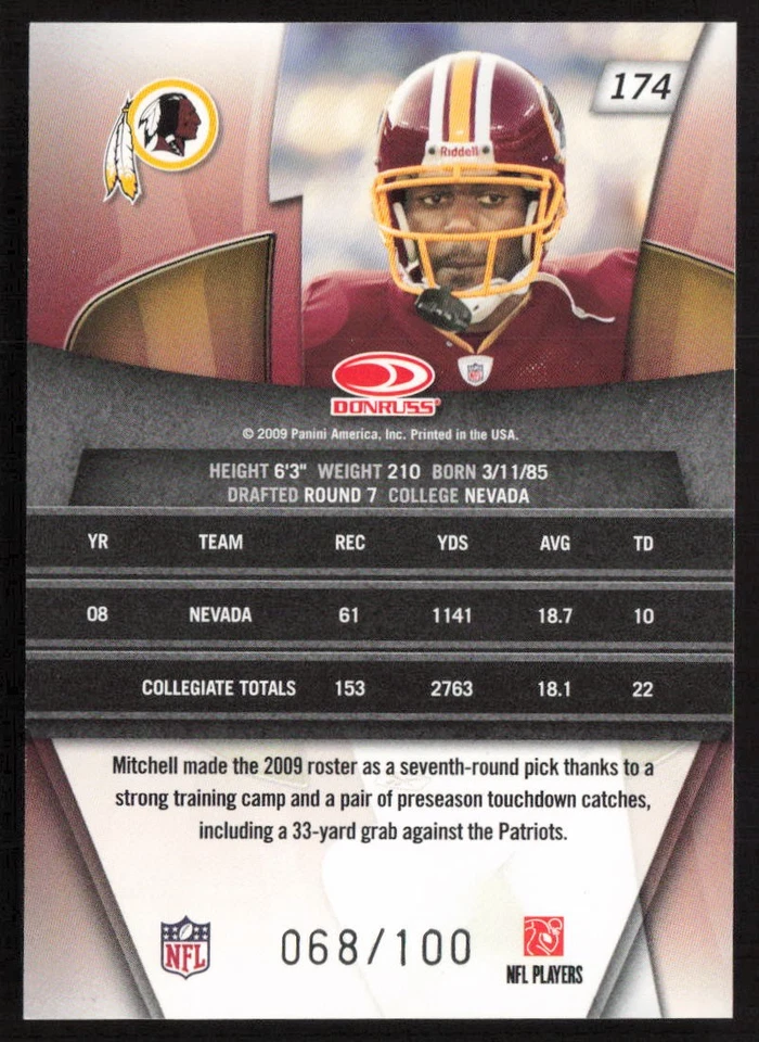 2009 Donruss Gridiron Gear Gold O's /100 Marko Mitchell #174 Rookie Redskins - Image 2 of 2