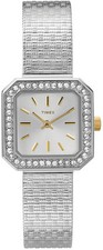 TIMEX SILVER,2, TONE,MESH BAND,CRYSTAL BEZEL,SQUARE SMALL DIAL WATCH-T2P552