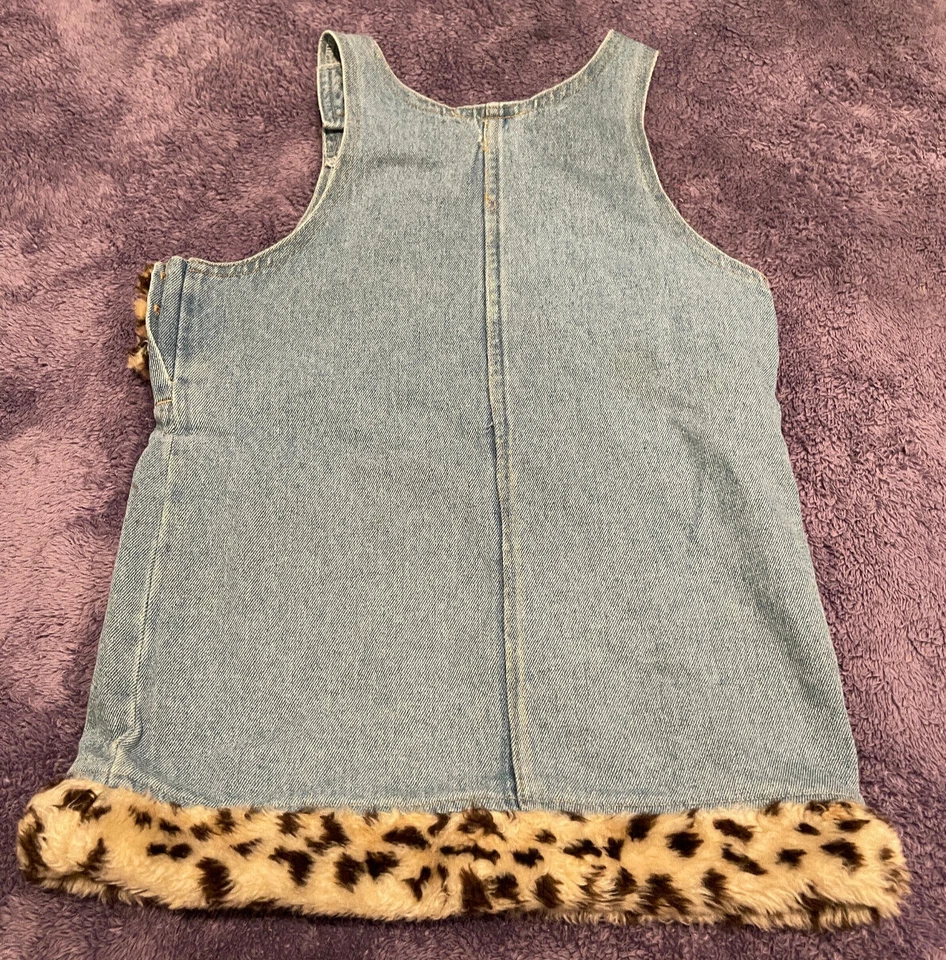 VTG Speechless Girls Overall Blue Denim Jean Dress Leopard Print Faux Fur Sz 6 - Image 4 of 4