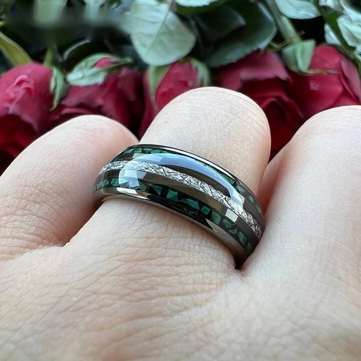 8MM Gold Color Tungsten Carbide Ring Band Meteorite & Malachite Inlay Ring Band - Image 4 of 4