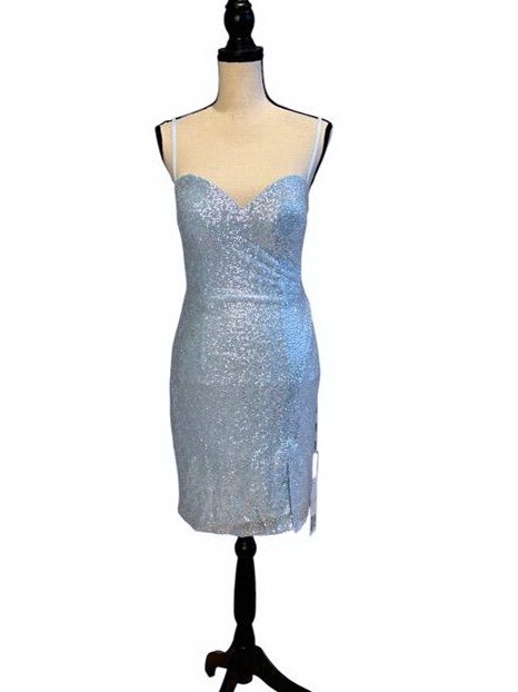 light blue embellished dress Blue Gathered Short Sleeve Embellished Gown main image 1